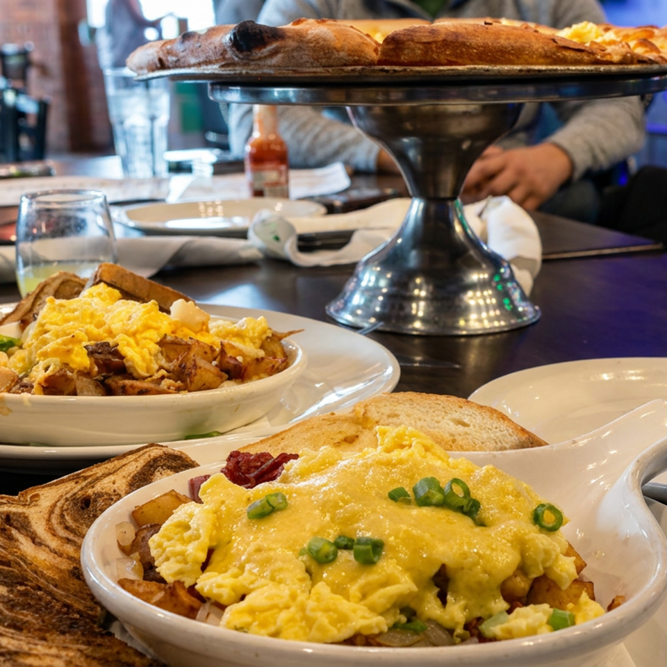 Breakfast dishes with scrambled eggs, roasted potatoes, bacon, toast, and green onions served at a restaurant table.