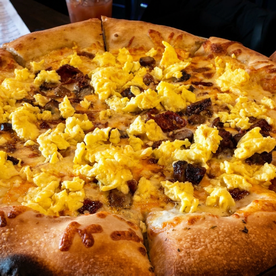 Large breakfast pizza topped with scrambled eggs, bacon, melted cheese, and mushrooms on a metal serving tray.