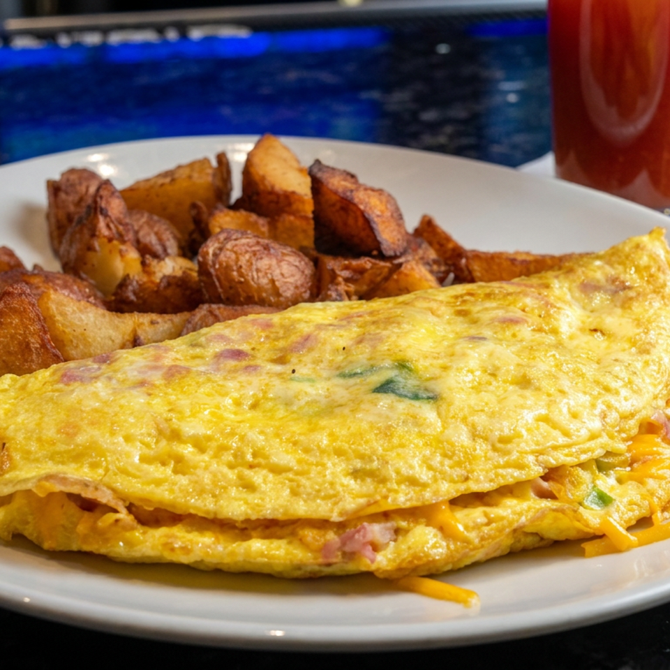 Cheese-filled omelet with diced ham and vegetables served alongside roasted potato wedges on a white plate.