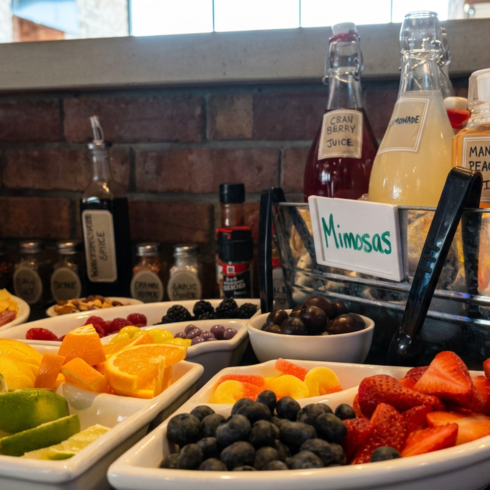 Mimosa station with pitchers of mango peach iced tea and cranberry juice beside bowls of fresh fruit and berries.
