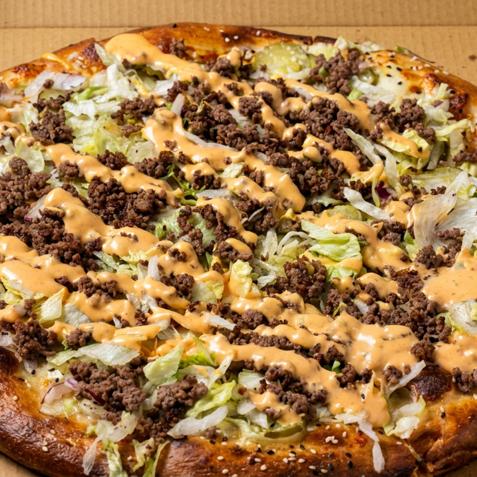 Large sesame-crusted flatbread topped with seasoned ground beef, shredded lettuce, and drizzled orange sauce in a cardboard box.