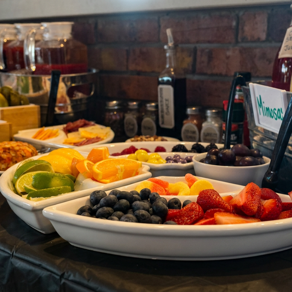 Fresh fruit buffet with strawberries, blueberries, citrus, grapes, juices, and breakfast toppings displayed against a brick wall.