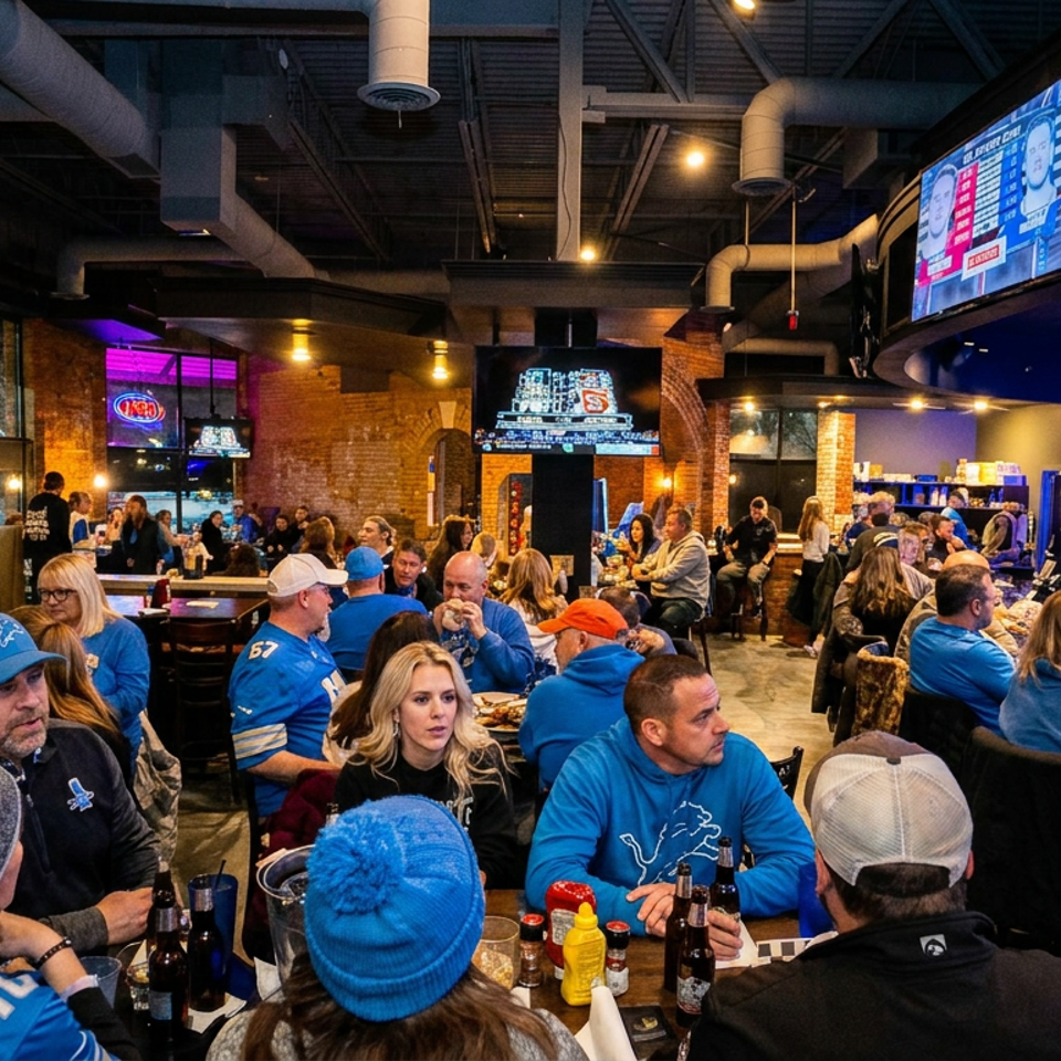 Busy sports bar filled with patrons in blue jerseys, televisions showing games, tables with food and drinks, and a blue-lit bar.